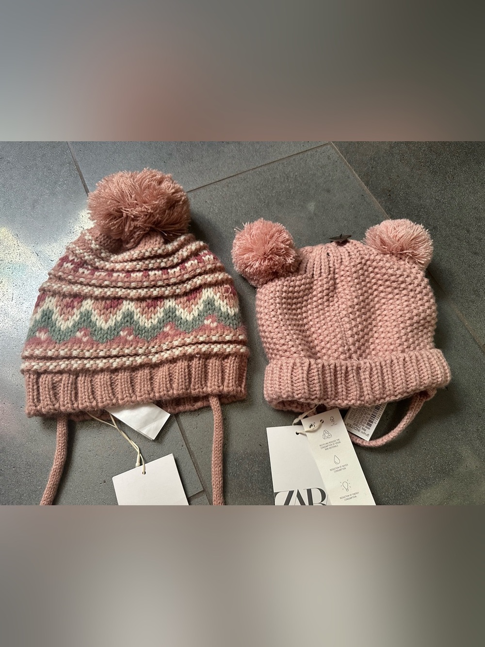 Zara New 1-3 Years Pink Beanie Pom, Double Pom Knit Hats